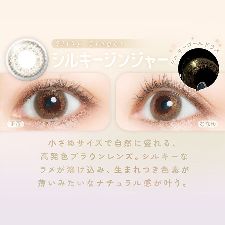 シルキージンジャー(Silky Ginger) DIA14.2mm 着色直径12.6mm,上品ラメ キラツヤ高発色,小さめサイズで自然に盛れる高発色ブラウンレンズ。シルキーなラメが溶け込み、生まれつき色素が薄いみたいなナチュラル感が叶う。 | フェアリーワンデーシマーリングシリーズ Fairy 1Day Shimmering Series カラコン カラーコンタクト
