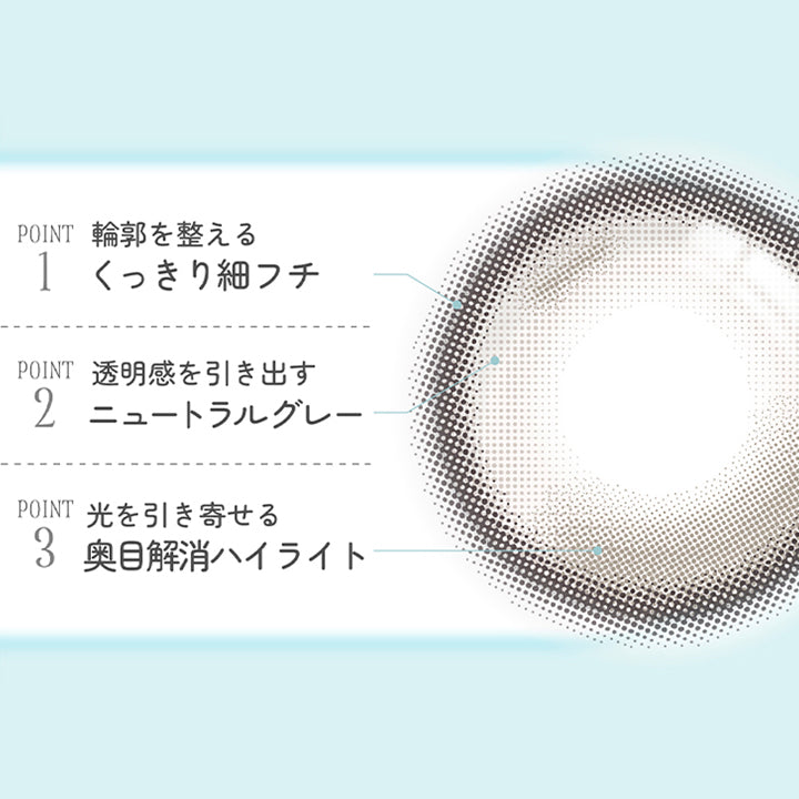 プリマのしずく(Prima No Shizuku) Point01_輪郭を整えるくっきり細フチ,Point02_透明感を引き出すニュートラルグレー,Point03_光を引き寄せる奥目解消ハイライト | 超十代リフレア ミアリーナ Miarina カラコン カラーコンタクト

