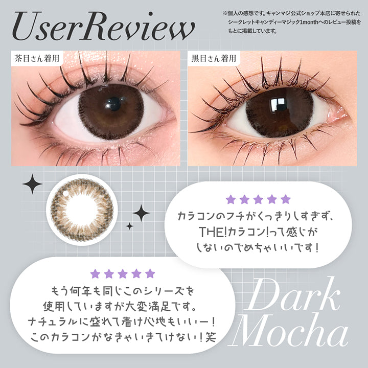 ダークモカ(Dark Mocha) ユーザーレビュー：カラコンのフチがくっきりしすぎず、Theカラコン！って感じがしないのでめちゃいいです！,もう何年も同じこのシリーズを使用していますが大変満足です。ナチュラルに盛れて着け心地もいい！このカラコンがなきゃいきていけない！,キャンマジ公式ショップ本店に寄せられたシークレットキャンディーマジック1monthへのレビューをもとに掲載しています。,黒目・茶目装用比較 | シークレットキャンディーマジックトーリックワンマンス Secret Candymagic Toric 1Month カラコン カラーコンタクト
