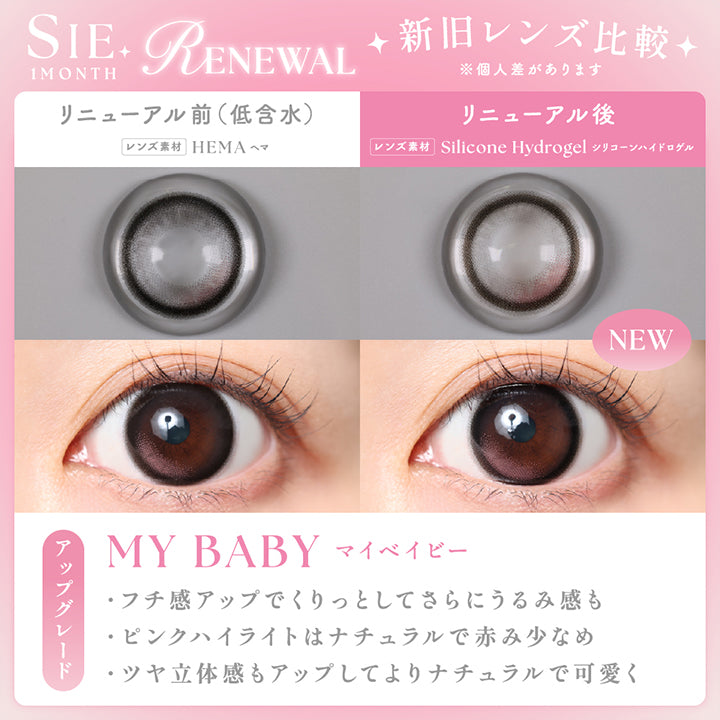 シーワンマンス(Sie.1Month) Renewal 新旧レンズ比較※個人差があります,リニューアル前(高含水)：ヒオキシフィルコンA のレンズ画像と装用画像,リニューアル後(new)：シリコーンハイドロゲルのレンズ画像と装用画像,マイベイビー(My Baby),アップグレード,·フチ感アップでくりっとしてさらにうるみ感も ·ピンクハイライトはナチュラルで赤み少なめ ]·ツヤ立体感もアップしてよりナチュラルで可愛く | シーワンマンス Sie.1Month カラコン カラーコンタクト
