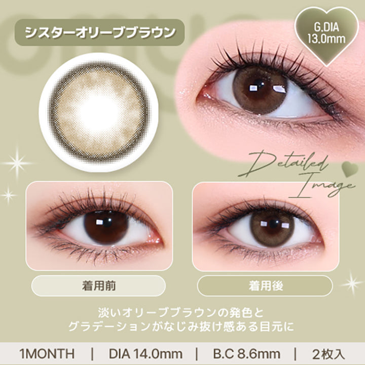 シスターオリーブブラウン(Sistar Olive Brown) 淡いオリーブブラウンの発色とグラデーションがなじみ、抜け感ある目元に。 1month DIA14.0mm 着色直径13.0mm BC8.6mm 含水率38.5% シスターオリーブブラウン(Sistar Olive Brown)の装用比較画像 シスターオリーブブラウン(Sistar Olive Brown)のレンズ画像 | オマイオバイレンズミー Omyo By Lensme montyly カラコン カラーコンタクト

