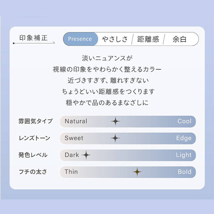 印象補正,Presence,やさしさ,距離感,余白,淡いニュアンスが,視線の印象をやわらかく整えるカラー,近づきすぎず、離れすぎない,ちょうどいい距離感をつくります,穏やかで品のあるまなざしに,雰囲気タイプ,Natural,Cool,レンズトーン,Sweet,Edge,発色レベル,Dark,Light,フチの太さ,Thin,Bold|ハイディトーリック(HAIDEY TORIC) 1day カラコン カラーコンタクト