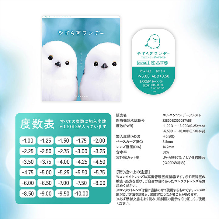 (やすらぎワンデーのスペック),販売名：エルコンワンデーアシスト,医療機器承認番号：22800BZI00037A56,度数(PWR)：-1.00D ~- 6.00D(0.25step)、-6.50D ~ -10.00D(0.50step),加入度数(ADD)：+0.50D,ベースカーブ(BC)：8.5mm,レンズ直径(DIA)：14.2mm,含水率：58%,紫外線カット率：UV-A約50%/UV-B約95%(-3.00Dの場合) | やすらぎワンデー yasuragi 1day クリアコンタクト クリアレンズ
