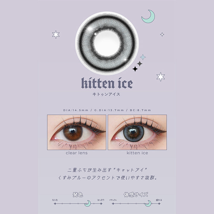 kitten ice, キトゥンアイス, DIA14.5mm, GDIA13.7mm, BC8.7mm, 装用比較, 二重ふちが生み出すキャットアイ, くすみブルーのアクセントで使いやすさ抜群。, はっきり発色, 盛れる体感サイズ | ロミュ rom'u 1day カラコン カラーコンタクト
