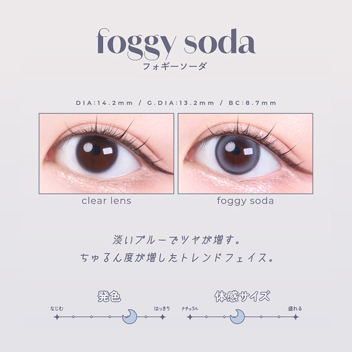 フォギーソーダ(foggy soda) DIA14.2mm GDIA13.2mm BC8.7mm,装用比較,淡いプルーでツヤが増す。,ちゅるん度が増したトレンドフェイス。,はっきり発色 体感サイズナチュラル | ロミュ rom'u 1day カラコン カラーコンタクト
