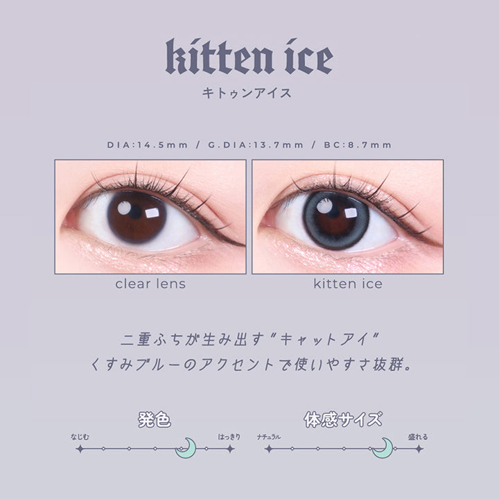 キトゥンアイス(kitten ice) DIA14.5mm GDIA13.7mm BC8.7mm,装用比較,二重ふちが生み出す"キャットアイ",くすみプルーのアクセントで使いやすさ抜群。,はっきり発色 盛れる体感サイズ | ロミュ rom'u 1day カラコン カラーコンタクト
