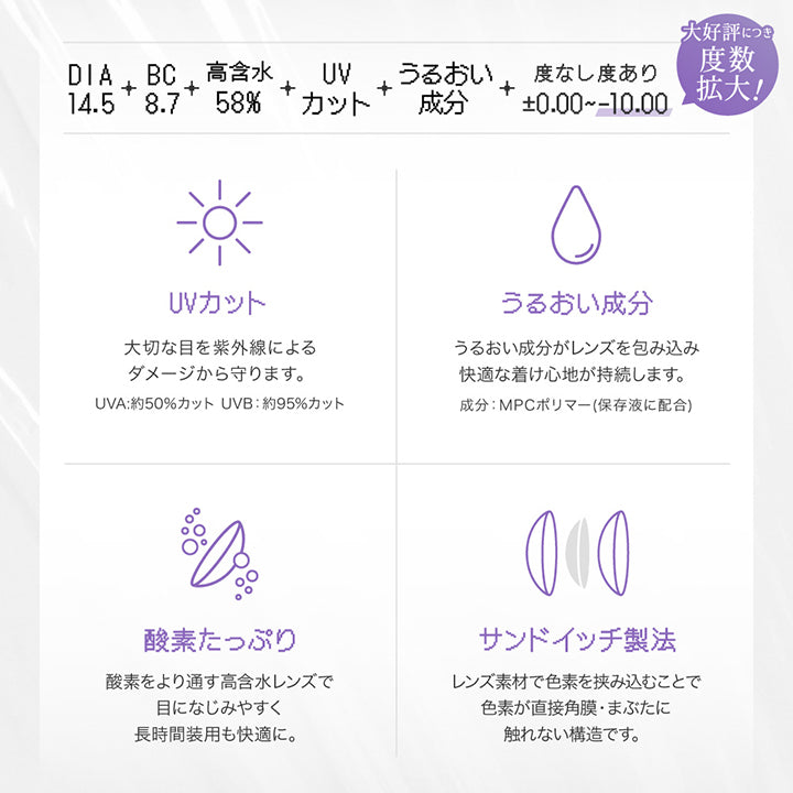 DIA14.5mm│BC8.7│高含水58%│UVカット│うるおい成分│度なし度あり±0.00～-10.00,UVカット 大切な目を紫外線によるダメージから守ります。UVA約50%カット UVB約95%カット, うるおい成分 うるおい成分がレンズを包み込み快適なつけ心地が持続します。成分 MPCポリマー(保存駅に配合), 酸素たっぷり 酸素をより通す高含水レンズで目に馴染みやすく長時間装用も快適に。, サンドイッチ製法　レンズ素材で色素を挟み込むことで色素が直接角膜・まぶたに触れない構造です。| リアリア RIARIA 1day カラコン カラーコンタクト
