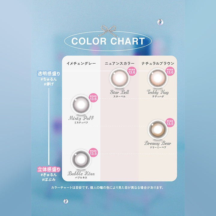 Color chart, 透明感盛り ちゅるん 儚げ, イメチェングレー, Misty Puff ミスティパフ 着色直径13.6, ニュアンスカラー, Star Bell スターベル 着色直径13.6, ナチュラルブラウン, Teddy Hug テディハグ 着色直径13.6, 立体感盛り きゅるん ばぶみ, イメチェングレー, Bubble Kiss バブルキス 着色直径13.5, ナチュラルブラウン, Dreamy Bear ドリーミーベア 着色直径13.5 | LilMe リルミィ 1day カラコン カラーコンタクト
