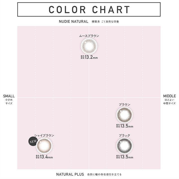 Color Chart, Nudie Natural(裸眼系 / ごく自然な印象) × Small(小さめサイズ), ムースブラウン(Muuse Brown) 着色直径13.2mm, Natural Plus(自然に瞳の存在感引き立てる) × Small(小さめサイズ), New シャイブラウン(Shy Brown) 着色直径13.4mm, Natural Plus(自然に瞳の存在感引き立てる) × Middle(ほどよい中間サイズ), ブラウン(Brown) 着色直径13.5mm, ブラック(black) 着色直径13.5mm | レヴィアワンマンスサークル ReVIA 1MONTH CIRCLE カラコン カラーコンタクト

