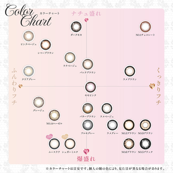 カラーチャート(Color Chart),ナチュ盛れ × ふんわりフチ：ダークモカ ピンクベージュ シマーブラウン ラテベージュ クリアグレー,ナチュ盛れ × くっきりフチ：NO.1 チョコレート バニラブラウン ラメブラウン,爆盛れ × ふんわりフチ：グレージュ NO.14 ヘーゼル ムースラテ シュガーミルク,爆盛れ × くっきりフチ：モモピンク ラメグレー ラメベージュ バターブラウン プルモグレー NO.3ブラウン NO.5ブラック NO.6ブラウン NO.9ブラウン | シークレットキャンディーマジックワンデー Secret Candymagic 1Day カラコン カラーコンタクト

