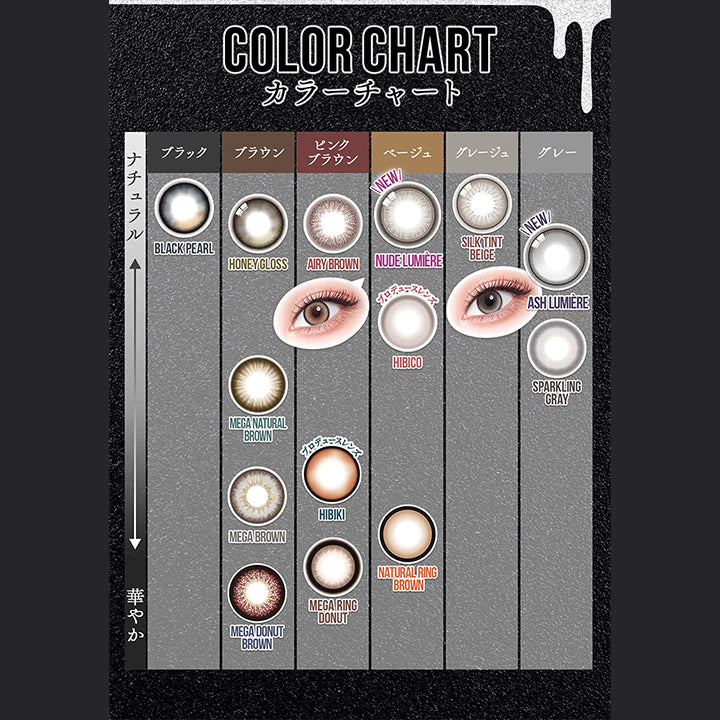 カラーチャート(Color Chart),ブラック：ブラックパール(black pearl),ブラウン：ハニーグロス(honey gloss) メガナチュラルブラウン(Mega Natural Brown) メガブラウン(Mega Brown) メガドーナツブラウン(Mega Donut Brown),ピンクブラウン：エアリーブラウン(Airy Brown) ヒビキ(Hibiki) プロデュースレンズ メガリングドーナツ(Mega Ring Donut),ベージュ：new ヌード ルミエール(Nude L mière) ヒビコ(Hibico) プロデュースレンズ ナチュラルリングブラウン(Natural Ring Brown),グレージュ：シルクティントベージュ(Silk Tint Beige),グレー：new アッシュ ルミエール(Ash Lumiere) スパークリンググレー(Sparkling Gray) | カラーズワンデー colors 1day カラコン カラーコンタクト
