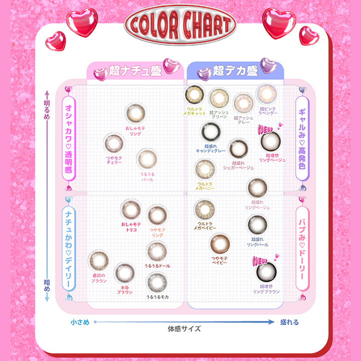 (カラーチャート)Color Chart,【オシャカワ透明感(明るめ × 超ナチュ盛り)】,おしゃモテリング(Osha Mote Ring),つやモテチェリー(Tsuya Mote Cherry),うるうるパール(Uruuru Pearl),【ナチュカワ♡デイリー(暗め × 超ナチュ盛り)】,おしゃモテトリコ(Osha Mote Trico),最初のブラウン(Saisho No Brown),本命ブラウン(Hommei Brown),つやモテリング(Tsuya Mote Ring),うるうるドール(Uruuru Doll),うるうるモカ(Uruuru Mocha),【ギャルみ♡高発色(超デカ盛り × 明るめ)】,ウルトラメガキャット(Ultra Mega Cat),ウルトラメガハニー(Ultra Mega Honey),超アッシュグリーン(Cho Ash Green),超盛れキャンディグレー(Chomore Candy Gray),超アッシュグレー(Cho Ash Gray),超ピンクラベンダー(Cho Pink Lavender),超理想リングベージュ(Cho Riso Ring Beige),超盛れシュガ