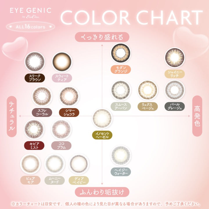 (カラーチャート),all 16 colors chart,くっきり盛れる × ナチュラル,スリークブラウン(Sleek Brown),スウィートティア(Sweet Tear),シマーショコラ(Shimmer Chocolate),スフレコーラル(Souffle Coral),くっきり盛れる × 高発色,モダングランジ(Modern Grunge),シャイニーリッチ(Shiny Rich),スムースアーバン(Smooth Urban),パールグレージュ(Pearl Greige),リュクスベージュ(Luxe Beige),ふんわり垢抜け × ナチュラル,ピュアモア(Pure More),ムーニーヌード(Moony Nude),ディアベイビー(Dear Baby),セピアミスト(Sepia Mist),ココプラム(Coco Plum),ふんわり垢抜け × 高発色,イノセントヘーゼル(Innocent Hazel),ヘイジーウォーター(Hazy Water),※カラーチャートは目安です。個人の瞳の色により見た目が異なる場合がありますので、予めご了承ください。 | アイジェニックバイエバーカラー Eyegenic 