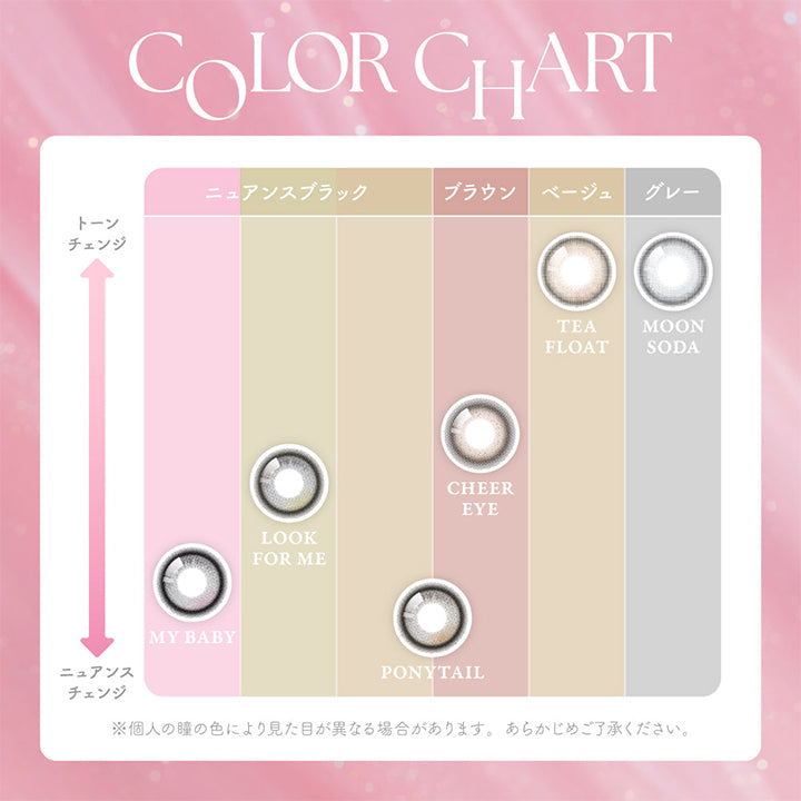 シーワンマンス(SIE.1month),COLOR CHART,トーンチェンジ,ニュアンスチェンジ,ニュアンスブラック,ブラウン,ベージュ,グレー,MY BABY,LOOK FOR ME,PONYTAIL,CHEER EYE,TEA FLOAT,MOON SODA,※個人の瞳の色により見た目が異なる場合があります。あらかじめご了承ください。|シーワンマンス SIE.1month カラコン カラーコンタクト