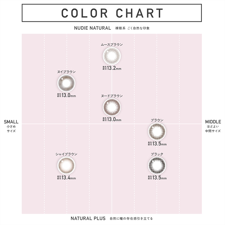 レヴィア ワンデー サークル(ReVIA 1DAY CIRCLE)のカラーチャート, Nudie Natural(裸眼系 / ごく自然な印象) × Small(小さめサイズ), ヌイブラウン(Nui Brown) 着色直径13.0mm, Nudie Natural(裸眼系 / ごく自然な印象) × Middle(ほどよい中間サイズ), ムースブラウン(Muuse Brown) 着色直径13.2mm, ヌードブラウン(Nude Brown) 着色直径13.0mm, Natural Plus(自然に瞳の存在感引き立てる) × Small(小さめサイズ), シャイブラウン(Shy Brown) 着色直径13.4mm, Natural Plus(自然に瞳の存在感引き立てる) × Middle(ほどよい中間サイズ), ブラウン(Brown) 着色直径13.5mm, ブラック(black) 着色直径13.5mm | レヴィア ワンデー サークル ReVIA 1Day Circle カラコン カラーコンタクト
