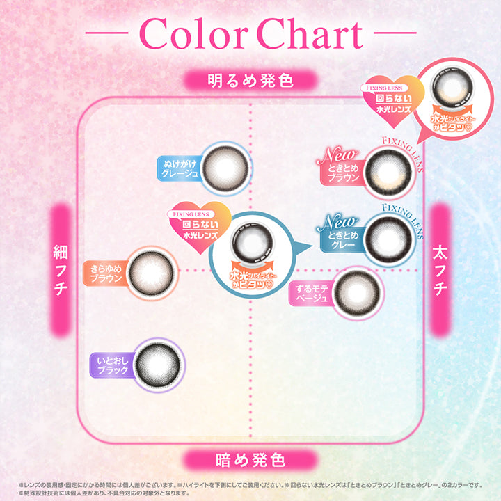 Color Chart, 明るめ発色 × 細フチ, ぬけがけグレージュ きらゆめブラウン, 明るめ発色 × 太フチ, New ときとめブラウン 回らない水光レンズ New ときとめグレー 回らない水光レンズ, 暗め発色 × 細フチ, いとおしブラック, 暗め発色 × 太フチ, ずるモテベージュ, A beautiful day, touched by Chapun7s magic. | シャプン Chapun 1day カラコン カラーコンタクト
