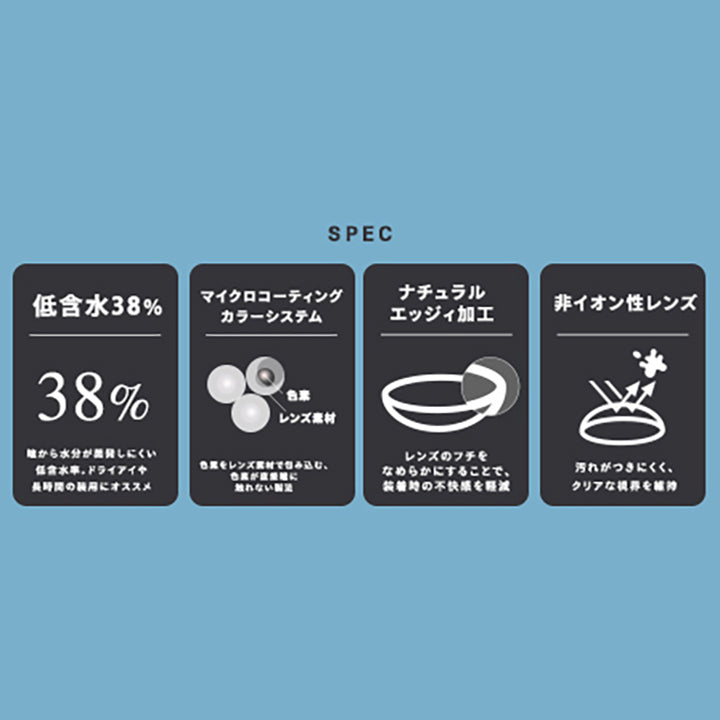Spec,低含水38%,38%,瞳から水分が蒸発しにくい,任含水率。ドライアイや,長時間の装用にオススメ,マイクロコーティング,カラーシステム,色素,レンズ素材,色素をレンズ素材で包み込む、,色素がが直接瞳に,触れない製法,ナチュラル,エッジィ加工,レンズのフチを,なめらかにすることで、,装着持の不快感を軽減,非イオン性レンズ,汚れがつきにくく、,クリアな視界を維持|ウユワンデー(Uyu 1DAY) 1day カラコン カラーコンタクト
