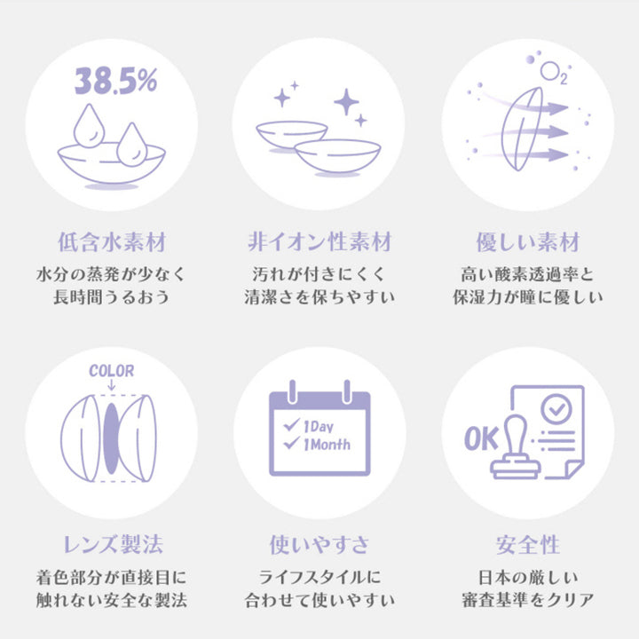 (レンズスペック)低含水素材(38.5%)：水分の蒸発が少なく長時間うるおう,非イオン性素材：汚れが付きにくく清潔さを保ちやすい,優しい素材：高い酸素透過率と保湿力が瞳に優しい,レンズ製法：着色部分が直接目に触れない安全な製法,使いやすさ：ライフスタイルに合わせて使いやすい,安全性：日本の厳し審査基準をクリア | アンジェリークワンデー Angelique 1day カラコン カラーコンタクト
