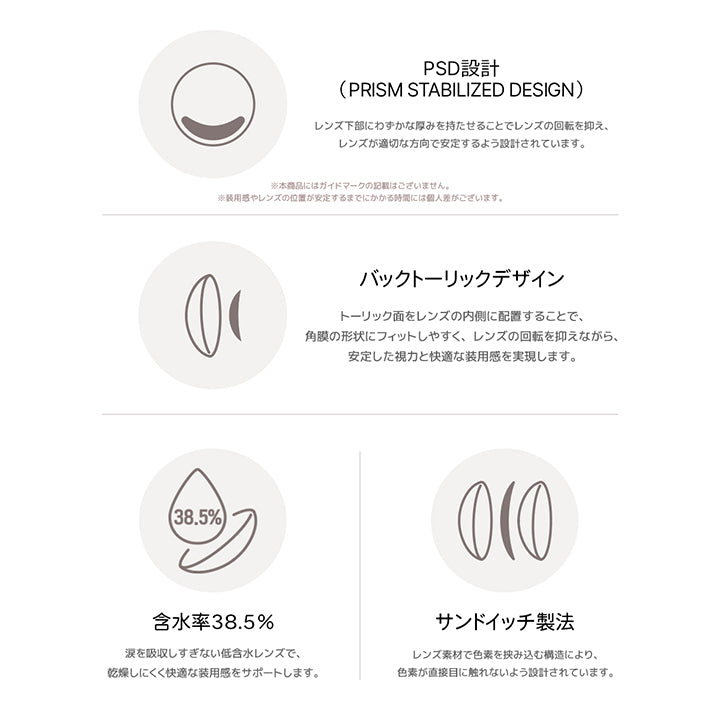 (レンズスペック),About lens,PSD設計(Prism stabilized design)：レンズ下部にわずかな厚みを持たせることでレンズの回転を抑え、レンズが適切な方向で安定するよう設計されています。※本商品にはガイドマークの記載はございません。※装用感やレぬzの位置が安定売るまでにかかる時間には個人差があります。,バックトーリックデザイン：トーリック面をレンズの内側に配置することで、角膜の形状にフィットしやすく、レンズの回転を抑えながら、安定した視力と快適な装用感を実現します。,含水率38.5%：涙を吸収しすぎない低含水レンズで、乾燥しにくく快適な装用感をサポートします。,サンドイッチ製法：レンズ素材で色素を挟み込む構造によりm色素が直接目に触れないよう設計されています。,Yous × Torica Package,monthly / 1lens per box | ユース トリカ Yous Torica 1month monthly カラコン カラーコンタクト
