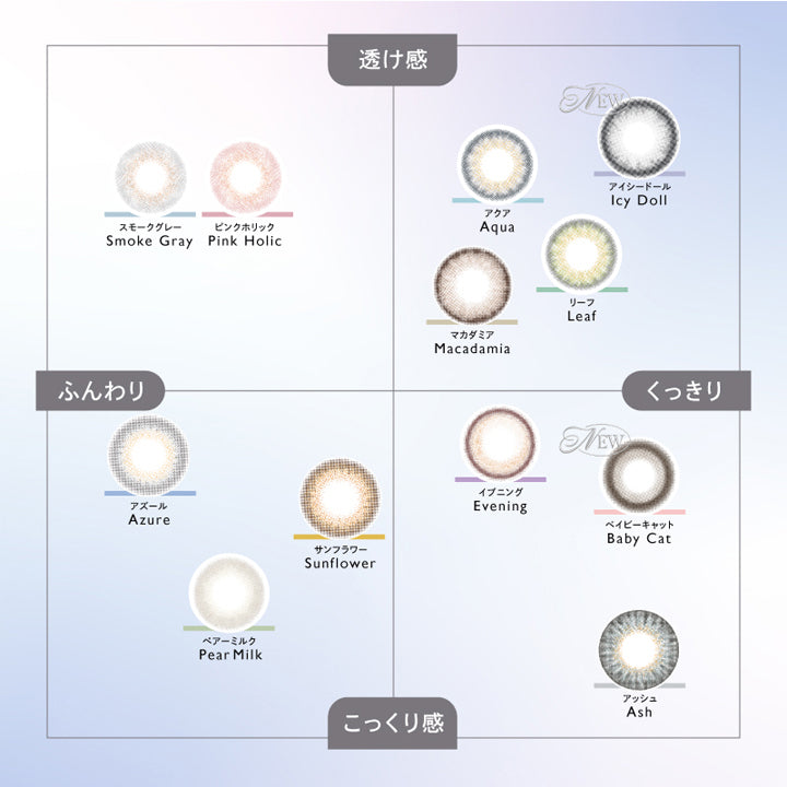 クルーム(CRUUM),COLOR CHART,透け感,スモークグレー,Smoke Gray,ピンクホリック,Pink Holic,アクア,Aqua,マカダミア,Macadamia,リーフ,Leaf,アイシードール,Icy Doll,ふんわり,アズール,Azure,サンフラワー,Sunflower,ぺアーミルク,Pear Milk,くっきり,こっくり感,イブニング,Evening,ベイビーキャット,Baby Cat,アッシュ,Ash|クルーム CRUUM カラコン カラーコンタクト