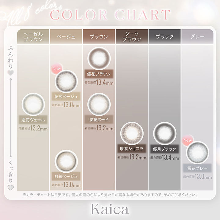 Color chart, ふんわり × ヘーゼルブラウン, 透花ヴェール 着色直径13.2mm, ふんわり × ベージュ, 花恋ベージュ New 着色直径13.0mm, ふんわり × ブラウン, 優花ブラウン 着色直径13.4mm, 淡花ヌード 着色直径13.2㎜, くっきり × ベージュ, 月絃ベージュ 着色直径13.0㎜, くっきり × ダークブラウン, 咲初ショコラ 着色直径13.2㎜, くっきり × ブラック, 優月ブラック 着色直径13.4㎜, くっきり × グレー, 雪花グレー Yukihana Gray, 着色直径13.0㎜, ※カラーチャートは目安です。。, 個人の瞳の色により見た目が異なる場合がありますので、予めご了承ください。 | カイカ Kaica 1day カラコン カラーコンタクト
