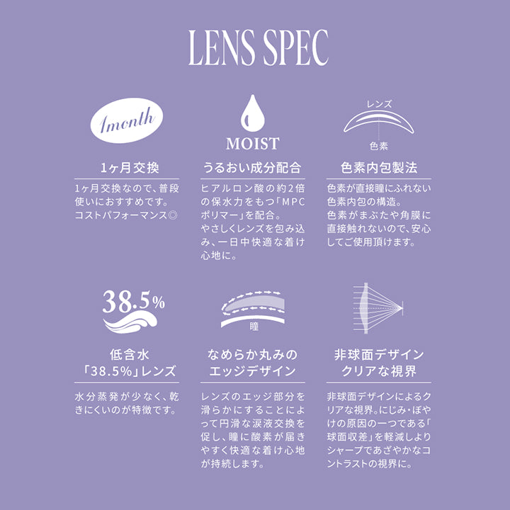(レンズスペック)Lens Spec,1か月交換：1か月交換なので、普段遣いにおすすめです。コストパフォーマンス◎,うるおい成分配合：ヒアルロン酸の約2倍の保水力をもつ「MPCポリマー」を配合。優しくレンズを包み込み、1日中快適なつけ心地に。,色素内包製法：色素が直接瞳に触れない色素内包の構造。色素が瞼や角膜に直接触れないので、安心してご使用いただけます。,低含水「38.5%」レンズ：水分蒸発が少なく、乾きにくいのが特徴です。,なめらか丸みのエッジデザイン：レンズのエッジ部分を滑らかにすることによって円滑な涙液交換を促し、瞳に酸素が届きやすく快適なつけ心地が持続します。,非球面デザインでクリアな視界：非球面デザインによるクリアな視界。にじみ・ぼやけの原因の一つである「球面収差」を軽減し、よりシャープであざやかなコントラストの視界に。 | スウィートワンマンス ラディリス Sweet 1 Month Radiris monthly カラコン カラーコンタクト
