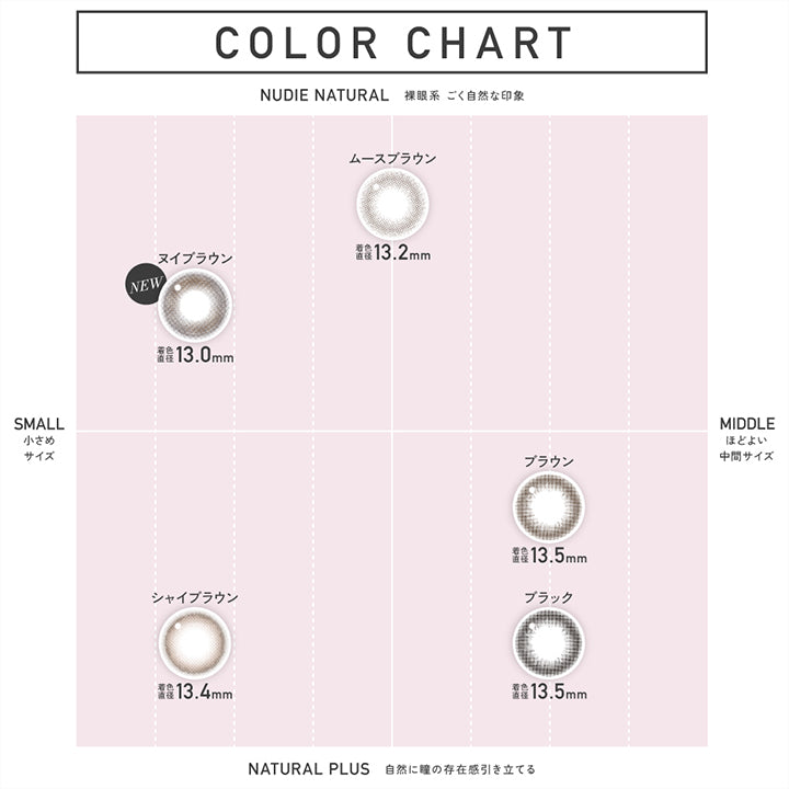 Color Chart, Nudie Natural(裸眼系 / ごく自然な印象) × Small(小さめサイズ), New ヌイブラウン(Nui Brown)着色直径13.0mm,ムースブラウン(Muuse Brown) 着色直径13.2mm, Natural Plus(自然に瞳の存在感引き立てる) × Small(小さめサイズ), シャイブラウン(Shy Brown) 着色直径13.4mm, Natural Plus(自然に瞳の存在感引き立てる) × Middle(ほどよい中間サイズ), ブラウン(Brown) 着色直径13.5mm, ブラック(black) 着色直径13.5mm | レヴィアワンマンスサークル revia 1month circle monthly 1month カラコン カラーコンタクト