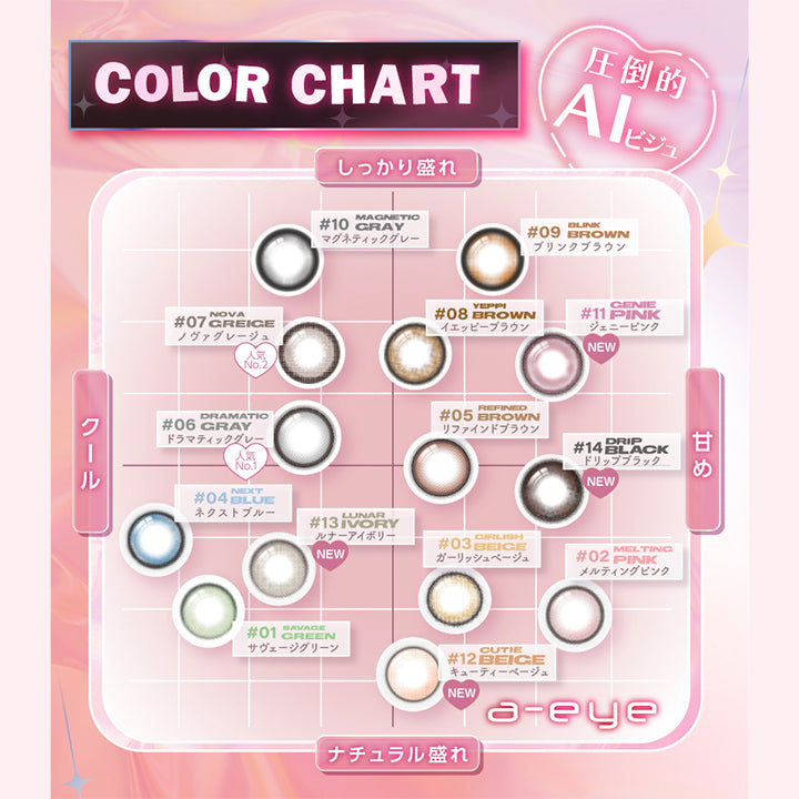 (カラーチャート)a-eye Color Chart, 圧倒的AIビジュ, しっかり盛れ × クール：マグネティックグレー(Magnetic Gray)、ノヴァグレージュ(Nova Greige)、ドラマティックグレー(Dramatic Gray), しっかり盛れ × 甘め：ブリンクブラウン(Blink Brown)、イエッピーブラウン(Yeppy Brown)、ジェニーピンク(Jenny Pink)、リファインドブラウン(Refined Brown), ナチュラル盛れ × クール：ネクストブルー(Next Blue)、ルナーアイボリー(Lunar Ivory)、サヴェージグリーン(Savege Green), ナチュラル盛れ × 甘め：ドリップブラック(Drip Black)、ガーリッシュベージュ(Girlish Beige)、メルティングピンク(Melting Pink)、キューティーベージュ(Cutie Beige) | エーアイ a-eye 1day カラコン カラーコンタクト
