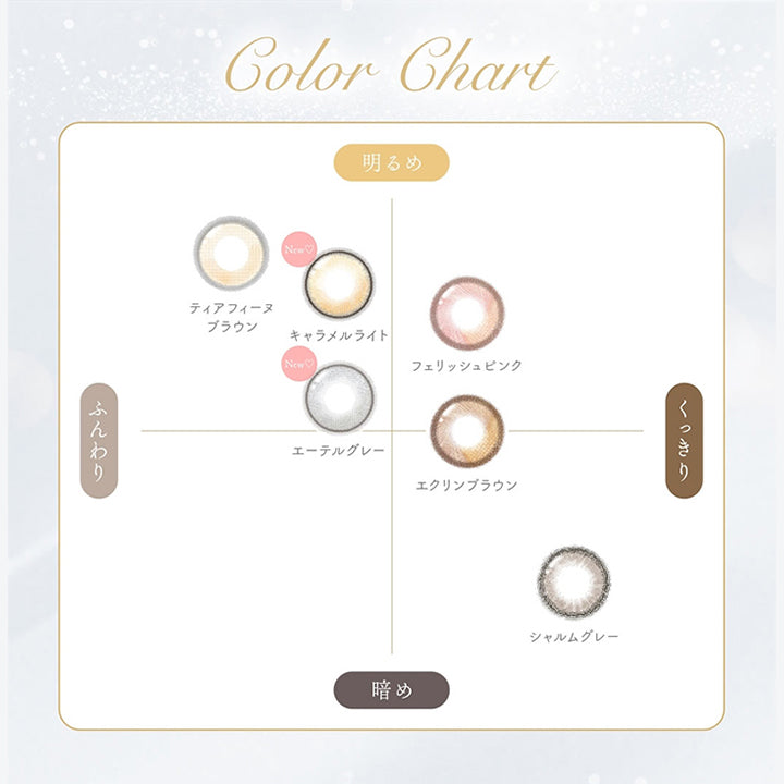 フェレーヌ(ferenne)のカラーチャート,Color Chart,明るめ,ティアフィーヌ,New♡,キャラメルライト,フェリッシュピンク,New♡,エーテルグレー,ふんわり,エクリンブラウン,くっきり,シャルムグレー,暗め|フェレーヌ ferenne カラコン カラーコンタクト