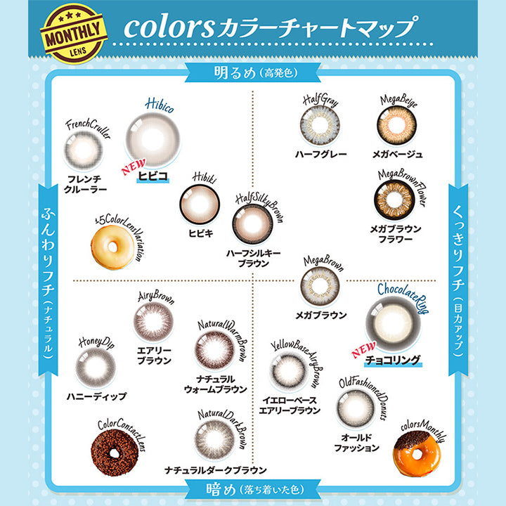 カラーズ(colors),MONTHLY,colorsカラーチャートマップ,明るめ(高発色),ふんわりフチ(ナチュラル),くっきりフチ(目力アップ),暗め(落ち着いた色)|カラーズ colors カラコン カラーコンタクト
