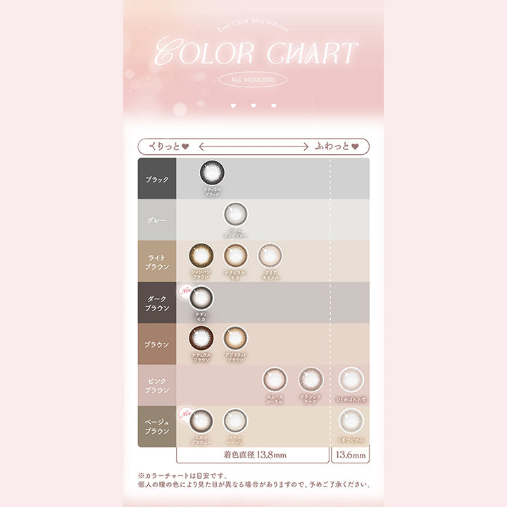 Ever Color 1day Natural, Color chart, All 14colors, くりっと⇔ふわっと♥, ブラック ナチュラルブラック, グレー パールスノーグレー, ライトブラウン シャンパンブラウン ナチュラルモカ クリアキャラメル, ダークブラウン テディモカ, ブラウン ナチュラルブラウン アプリコットブラウン, ピンクブラウン スムースコーラル クラシックチーク ひとめぼれの恋(着色直径13.6mm), ベージュブラウン ミルクブラウニー パールベージュ くぎづけの心(着色直径13.6㎜), 着色直径13.8㎜, ※カラーチャートは目安です。個人の瞳の色により見た目が異なる場合がありますので、予めご了承ください。 | エバーカラーワンデーナチュラル Ever Color 1day Natural 1day カラコン カラーコンタクト
