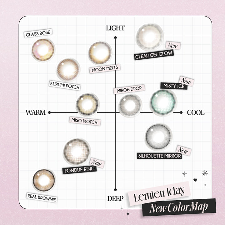 (カラーマップ)Lemieu 1day New Color Map, Light × Warm：グラスローズ(Glass Rose)くるみぽっち(Kurumi Potch)ムーンメルツ(Moon Melts)みそもっち(Miso Motch), Light × Cool：New クリアジェルグロウ(Clear Gel Glow)New ミスティアイス(Misty Ice)ミロドロップ(Miroh Drop), Deep × Warm：New フォンデュリング(fondue ring)リアルブラウニー(Real Brownie), Deep × Cool：New シルエットミラー(Silhouette Mirror) | ルミュー Lemieu 1day カラコン カラーコンタクト
