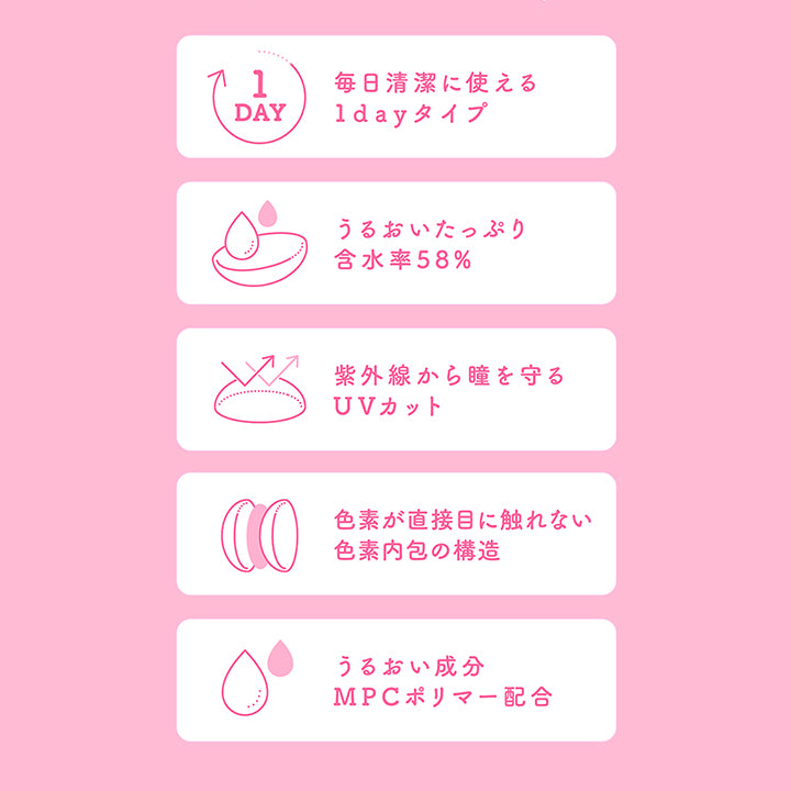 (レンズスペック1)Lens Feature,毎日清潔に使える1dayタイプ,うるおいたっぷり含水率58%,紫外線から瞳を守るUVカット,色素が直接目に触れない色素内包の構造,うるおい成分MPCポリマー配合 | ミシュー michou 1day カラコン カラーコンタクト
