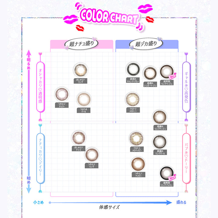 (カラーチャート)Color Chart,【オシャカワ透明感(明るめ × 超ナチュ盛り)】,おしゃモテリング(osha mote ring),つやモテチェリー(tsuya mote cherry),うるうるパール(uruuru pearl),【ナチュカワ♡デイリー(暗め × 超ナチュ盛り)】,おしゃモテトリコ(osha mote trico),つやモテリング(tsuya mote ring),【ギャルみ♡高発色(超デカ盛り × 明るめ)】,超盛れキャンディグレー(chomore candy gray),超盛れシュガーベージュ(chomore sugar beige),超理想リングベージュ(Cho Riso Ring Beige),ウルトラメガハニー(ultra mega honey),超盛れリングベージュ(chomore ring beige),【バブみ♡ドーリー(超デカ盛り × 暗め)】,ウルトラメガベイビー(ultra mega baby),超盛れリングパール(chomore ring pearl),つやモテベイビー(tsuya mote baby),超理想リングブラウン(Cho Riso Ring Br