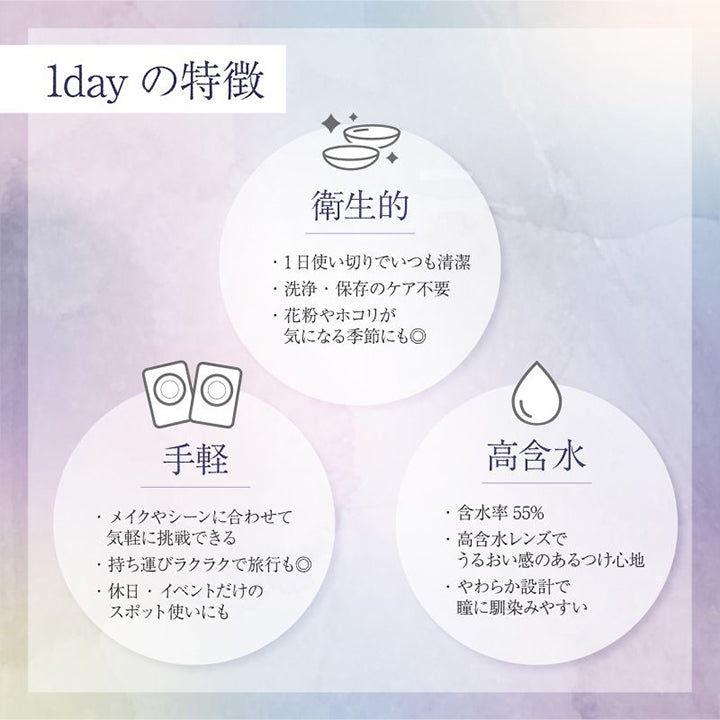 1dayの特徴, 衛生的：1日使いきりでいつも清潔。洗浄・保存のケア不要。花粉やホコリが気になる季節にも◎, 手軽：メイクやシーンに合わせて気軽に挑戦できる。持ち運びラクラクで旅行も◎。休日・イベントだけのスポット使いにも。, 高含水：含水率55%。高含水レンズでうるおい感のあるつけ心地。やわらか設計で瞳に馴染みやすい | 美少年画 ビショーネンガ Bishonenga 1day カラコン カラーコンタクト
