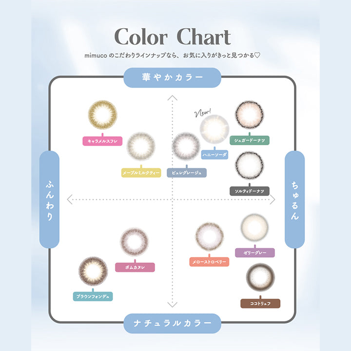 ミムコ(mimuco),Color Chart,mimucoのこだわりラインナップなら、お気に入りがきっと見つかる,華やかカラー,ちゅるん,ふんわり,ナチュラルカラー|ミムコ mimuco カラコン カラーコンタクト