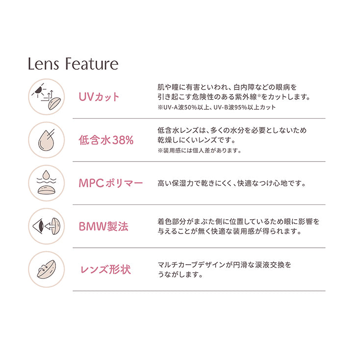 レンズスペック(Lens Spec),UVカット：肌や瞳に有害といわれ、白内障などの眼病を引き起こすきけんせいのある紫外線をカットします。※UV-A 50%以上、UV-B 95%以上カット,低含水38%：低含水レンズは、多くの水分を必要としないため乾燥しにくいレンズです。※装用感には個人差があります。,MPCポリマー：高い保湿力で乾きにくく、快適なつけ心地です。,BMW製法：着色部分がまぶた側に位置しているため眼に影響を与えることが無く快適な装用感が得られます。,レンズ形状：マルチカーブデザインが円滑な涙液交換をうながします。 | ミムコワンマンス mimuco 1Month monthly カラコン カラーコンタクト
