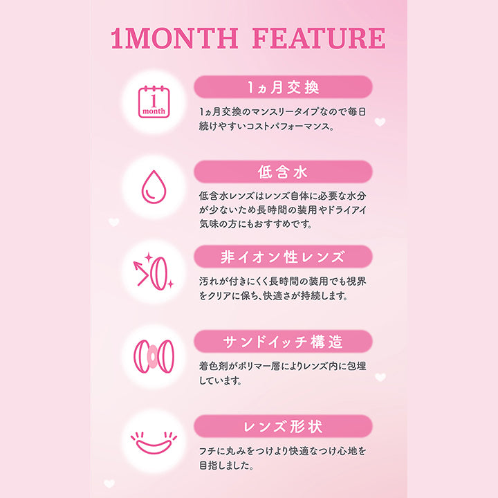 1 Month Feature, 1ヵ月交換, 1ヵ月交換のマンスリータイプなので毎日続けやすいコストパフォーマンス。, 低含水, 低含水レンズはレンズ自体に必要な水分が少ないため長時間の装用やドライアイ気味の方にもおすすめです。, 非イオン性レンズ, 汚れが付きにくく長時間の装用でも視界をクリアに保ち、快適さが持続します。, サンドイッチ構造, 着色剤がポリマー層によりレンズ内に包埋しています。, レンズ形状, フチに丸みをつけより快適なつけ心地を目指しました。 | ミレディワンマンス melady 1month カラコン カラーコンタクト
