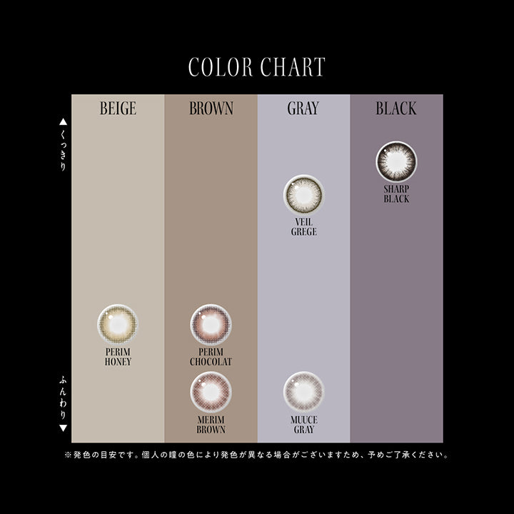 (カラーチャート)Color Chart,メリムブラウン(Merim Brown) ふんわりブラウン,メリムグレー(Merim Gray) ふんわりグレー,ペリムハニー(Perim Honey) ふんわりベージュ,ペリムショコラ(Perim Chocolat) ふんわりブラウン,シャープブラック(Sharp Black) くっきりブラック,ヴェールグレージュ(Veil Grege) くっきりグレー,※発色の目安です。個人の瞳の色により発色が異なる場合がございますたえ、予めご了承ください。 | アンヴィワンマンス envie 1month カラコン カラーコンタクト
