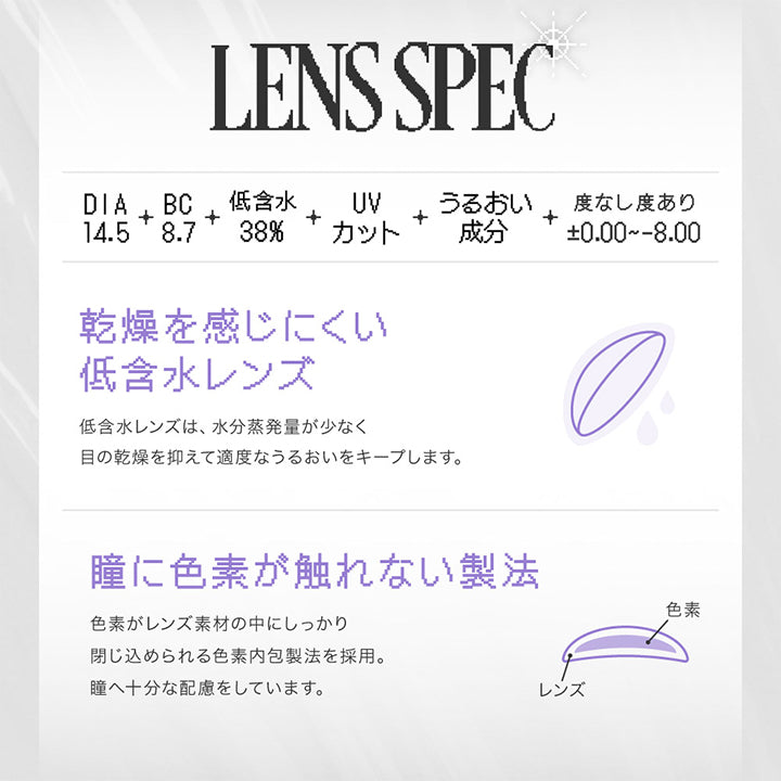 乾燥を感じにくい低含水レンズで水分蒸発が少なく目の乾燥を抑えて適度な潤いをキープ, レンズ素材で色素を挟み込むことで色素が直接角膜・まぶたに触れない構造です。 | リアリアワンマンス RIARIA 1month カラコン カラーコンタクト
