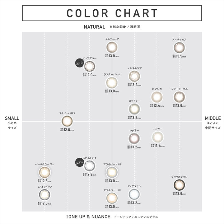 Color Chart, Natural(自然な印象 / 裸眼系) × Small(小さめサイズ), メルティベア(Melty Bear)着色直径13.0mm, ピュアグロー(Pure Glow)着色直径12.9mm, ラスタージェム(Luster Gem)着色直径13.0mm, ベイビーバニラ(Baby Vanilla)着色直径12.8mm, Natural(自然な印象 / 裸眼系) × Middle(ほどよい中間サイズ), ノスタルジア(nostalgia)着色直径13.2mm, メルティモア(Meltymore)着色直径13.5mm, ビアンカ(Bianca)着色直径13.4mm, シアーセーブル(Sheer Sable)着色直径13.6mm, ステイミー(Stay Me)着色直径13.2mm, Tone up & Nuance(トーンアップ / ニュアンス) × Small(小さめサイズ), ペールミラージュ(Pale Mirage)着色直径12.6mm, ミストアイリス(Mist Iris)着色直径12.6mm, スティルレイ(Still Ray)着色直径12.9mm, プライベート03(Priva