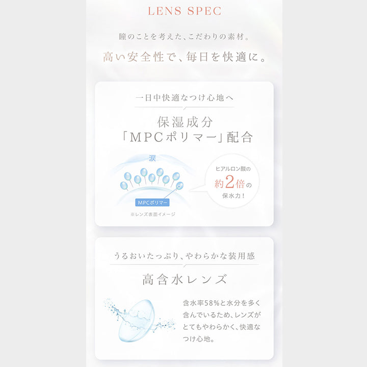LENS SPEC,瞳のことを考えた、こだわりの素材。,高い安全性で、 毎日を快適に。,一日中快適なつけ心地へ,保湿成分,「MPCポリマー」 配合,MPCポリマー,※レンズ表面イメージ,ヒアルロン酸の約 2 倍の保水力!,うるおいたっぷり、やわらかな装用感,高含水レンズ,含水率58%と水分を多く 含んでいるため、レンズが とてもやわらかく、快適な つけ心地。,紫外線から瞳を守る,UVカット機能搭載,UV-B,約95%カット,UV-A,約50%カット,色素が瞳に触れない製法,瞳にフィットしやすいエッジデザイン,なめらかなエッジ,※イメージ,まぶたに色素が直接触れない よう、レンズの上の色素をレンズ 素材でコーティングしています。,レンズのフチ部分が目になめらか にフィットし、快適なつけ心地に。,非球面レンズで クリアな視界,瞳に負担の少ない高い酸素透過率,焦点面,イメージ,視界のぼやけの原因の一つで ある 「球面収差」 を軽減する、非球面レンズを採用。,酸素を2.5倍※多く通す素材で、 瞳の酸素不足を解消し、角膜へ の影響を軽減します。,※同工場低含水 (38%) レンズとの比較
