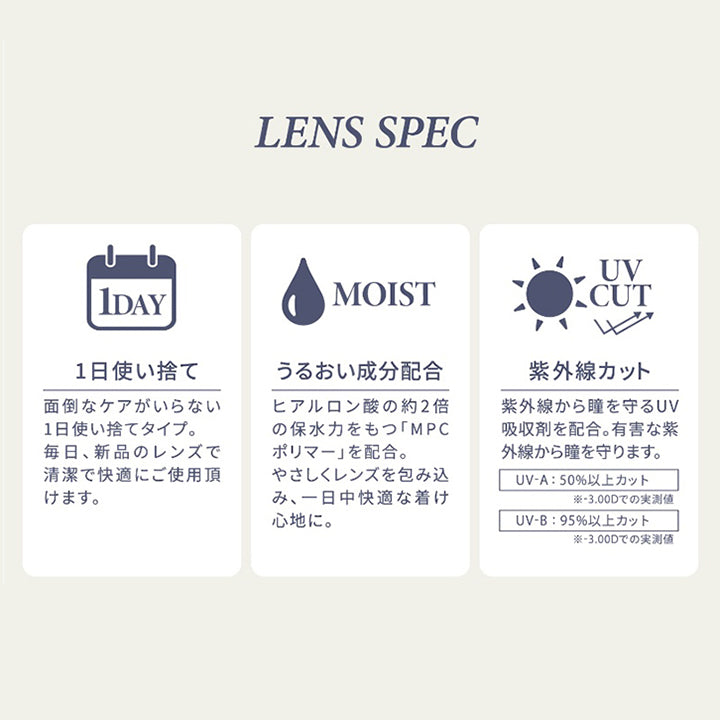 (レンズスペック)  ,1日使い捨て：面倒なケアがいらない1日使い捨てタイプ。毎日、新品のレンズで清潔で快適にご使用いただけます。 ,うるおい成分配合：ヒアルロン酸の約2倍の保水力をもつ「MPCポリマー」を配合。 ,やさしくレンズを包み込み、1日中快適なつけ心地に。 ,紫外線カット：紫外線から瞳を守るUV吸収剤を配合。有害な紫外線から瞳を守ります。※UV-A 50%以上、UV-B 95%以上カット | ハイディ Haidey 1day カラコン カラーコンタクト
