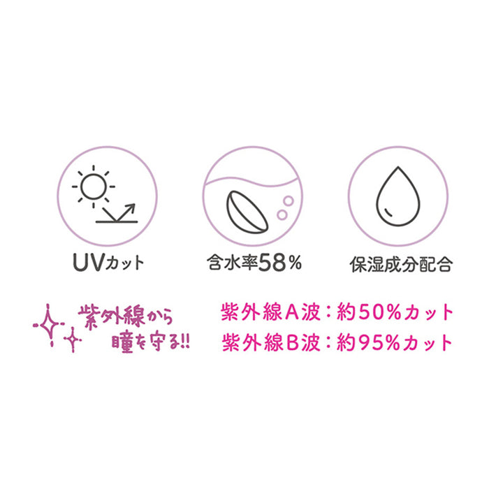Uvカット,紫外線から,瞳を守る!!,紫外線A波:約50%カット,紫外線B波:約95%カット,含水率58%,保湿成分配合|フルーリーバイカラーズ(Flurry by colors) 1day カラコン カラーコンタクト
