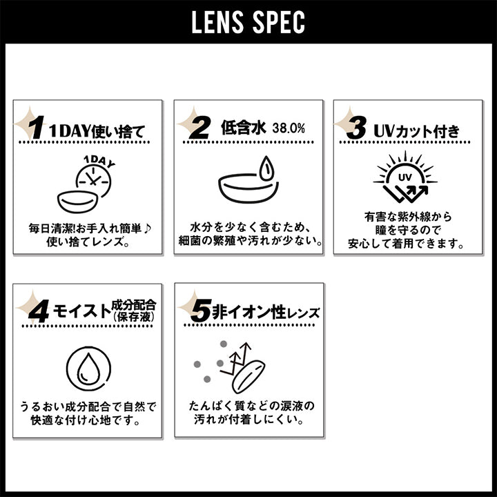 (トゥインクルアイズのレンズスペック) Lens Spec, 1day使い捨て：毎日清潔！お手入れ簡単使い捨てレンズ。, 低含水38.0%：水分を少なく含むため、細菌の繁殖や汚れが少ない。, UVカット付き：有害な紫外線から瞳を守るので安心して着用できます。, モイスト成分配合(保存液)：うるおい成分配合で自然で快適な着け心地です。, 非イオン性レンズ：たんぱく質などの涙液の汚れが付着しにくい。 | トゥインクルアイズワンデー Twinkle Eyes 1day カラコン カラーコンタクト, 
