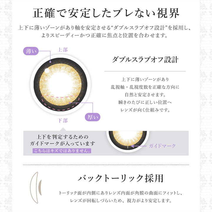 (レンズスペック2)正確で安定したブレない視界 ,上下に薄いゾーンがあり軸を安定させる“ダブルスラブオフ設計”を採用し、よりスピーディーかつ正確に焦点と位置を合わせます。 ,上下の薄いゾーンにより、乱視軸を安定した方向に保ちやすく、まぶたの動きで回転を抑え、位置を安定させやすい設計です。 ,上下を判定するための ,ガイドマークが入っています。こちらはキズではありません。 ,(レンズスペック2)バックトーリック採用：トーリック面が内側にあり、レンズ内面が角膜の曲面にフィットし、レンズが回転しづらいため、視力がより安定します。  | 乱視用 シークレットキャンディーマジックトーリックワンマンス Secret Candymagic Toric 1Month カラコン カラーコンタクト
