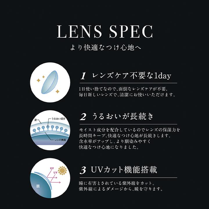 LENS SPEC,より快適なつけ心地へ,1 レンズケア不要な1day,1日使い捨てなので、面倒なレンズケアが不要。 毎日新しいレンズで、清潔にお使いいただけます。,2 うるおいが長続き,モイスト成分を配合しているのでレンズの保湿力を 長時間キープ。 快適なつけ心地が長続きします。,含水率がアップし、より馴染みやすく快適なつけ心地になりました。,3 UVカット機能搭載,瞳に有害とされている紫外線をカット。 紫外線によるダメージから、瞳を守ります。