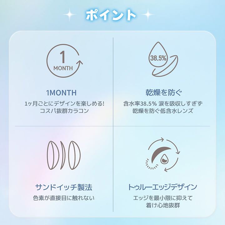 ポイント, 1 Month, 1ヶ月ごとにデザインを楽しめる!コスパ抜群カラコン, 乾燥を防ぐ, 含水率38.5%涙を吸収しすぎず乾燥を防ぐ低含水レンズ, サンドイッチ製法, 色素が直接目に触れない, トゥルーエッジデザイン, エッジを最小限に抑えて着け心地抜群 | ユース YOUS 1day カラコン カラーコンタクト
