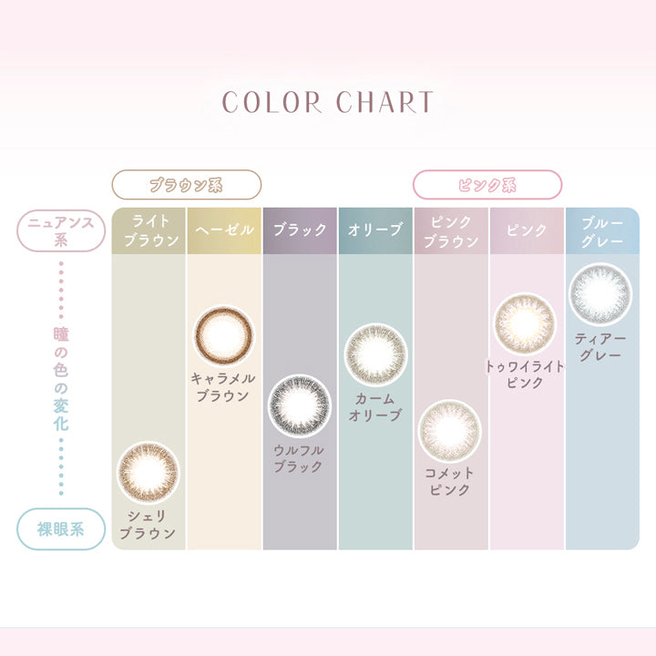 ラムリエ(ramurie),COLOR CHART,ニュアンス系,瞳の色の変化,裸眼系,ブラウン系,ライトブラウン,シェリブラウン,ヘーゼル,キャラメルブラウン,ブラック,ウルフルブラック,オリーブ,カームオリーブ,ピンク系,ピンクブラウン,コメットピンク,ピンク,トゥワイライトピンク,ブルーグレー,ティアーグレー|ラムリエ ramurie カラコン カラーコンタクト