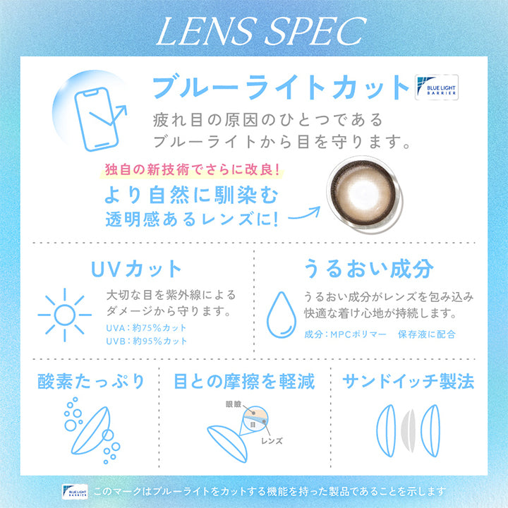 Lens Spec, ブルーライトカット, 疲れ目の原因のひとつであるブルーライトカットから目を守ります。, このマークはブルーライトをカットする機能を持った製品であることを示します。, 独自の新技術でさらに改良！, より自然に馴染む透明感のあるレンズに！, UVカット, 大切な目を紫外線によるダメージから守ります。, UVA：約75%カット UVB：約95%カット, うるおい成分, うるおい成分がレンズを包み込み快適なつけ心地が持続します。, 成分：MPCポリマー 保存液に配合, 酸素たっぷり, 酸素をよりよく通す高含水レンズで目になじみやすく長時間装用でも快適に。, 目との摩擦を軽減, 軽く薄いエッジデザインのため、目との摩擦面が少なく、目にやさしい着け心地に。, サンドイッチ製法, レンズ素材で色素を挟み込むことで色素が角膜・瞼に触れない安全性の高い構造です。 | キャンディーマジックワンデー Candy Magic 1day 1day カラコン カラーコンタクト